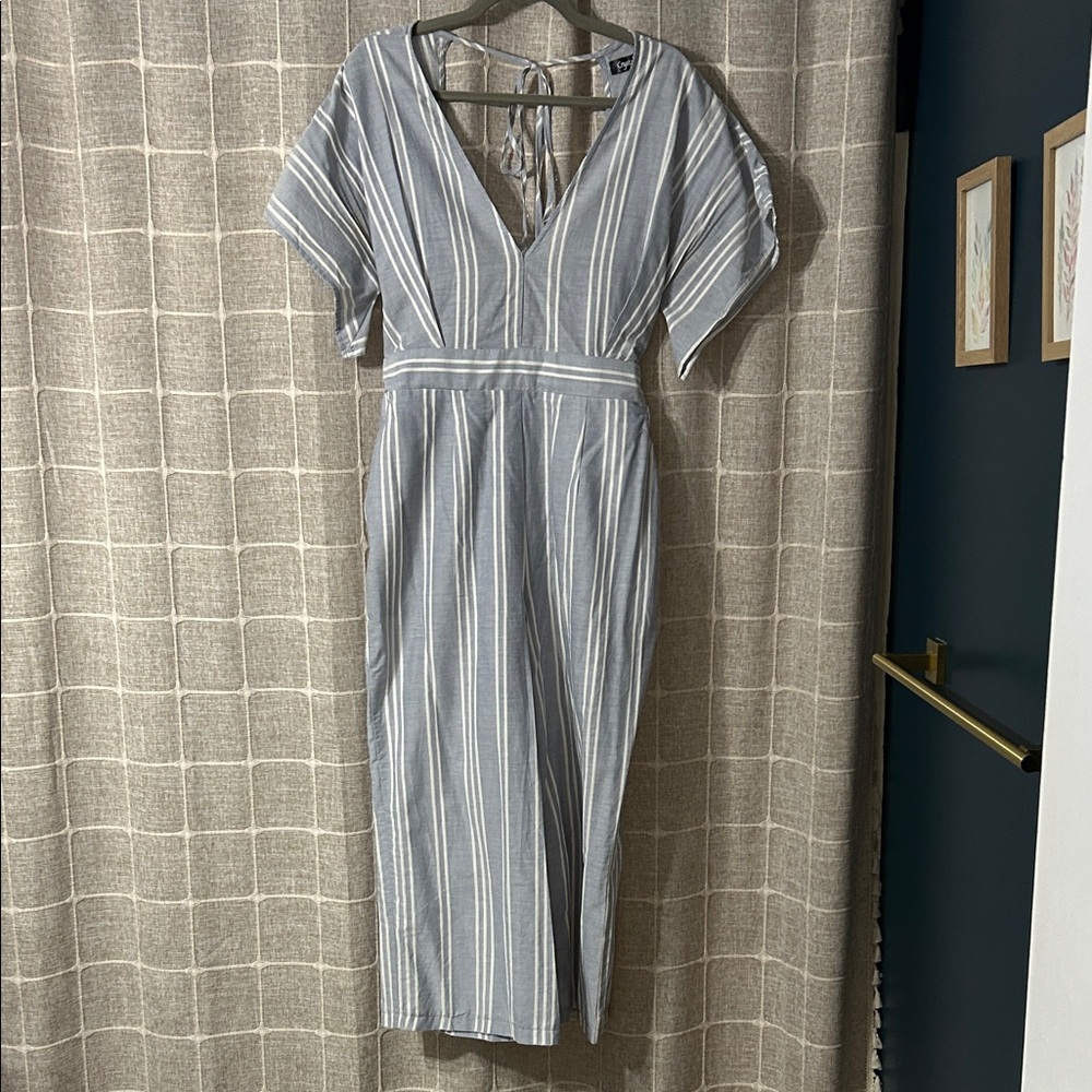 Striped Light Blue Linen Jumpsuit with Tied Back